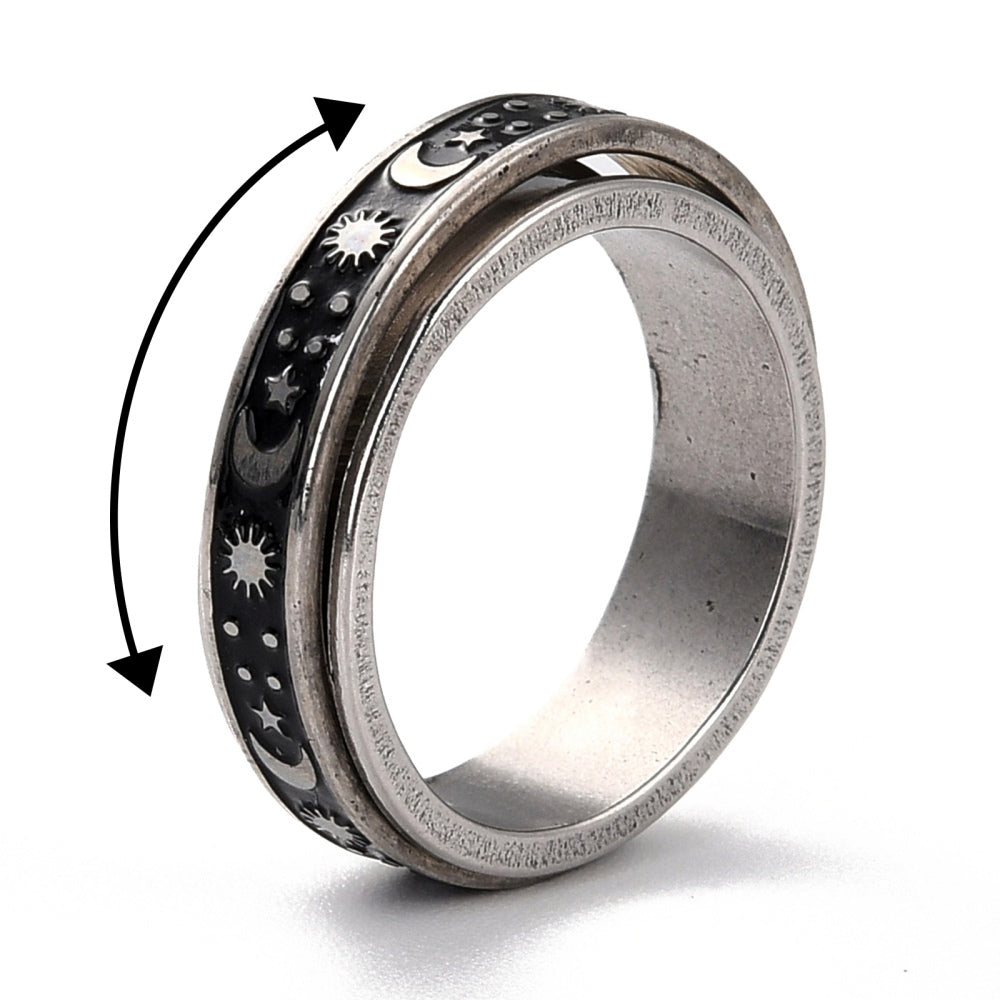 Stainless Steel Rotating Fidget Band Moon Ring - Black