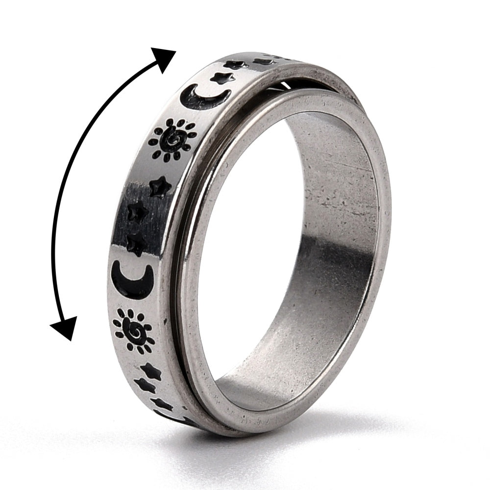 Stainless Steel Rotating Fidget Band Moon Ring - Silver