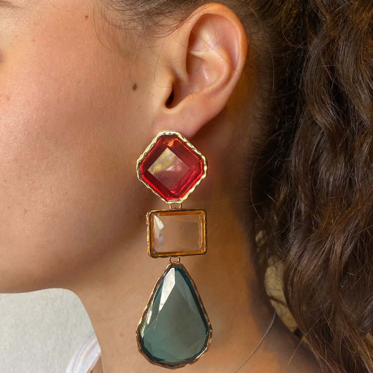 Royal Jewel Dangle Earrings - Red & Green