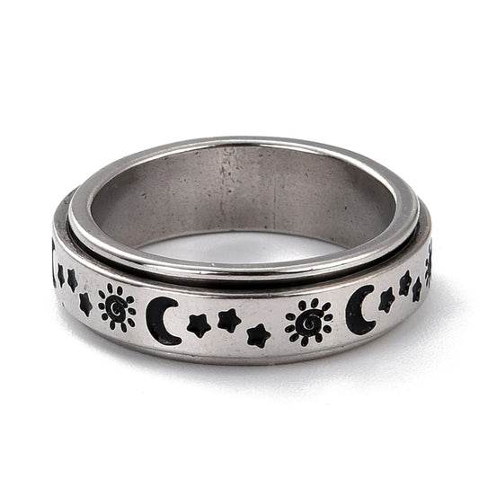 Stainless Steel Rotating Fidget Band Moon Ring - Silver